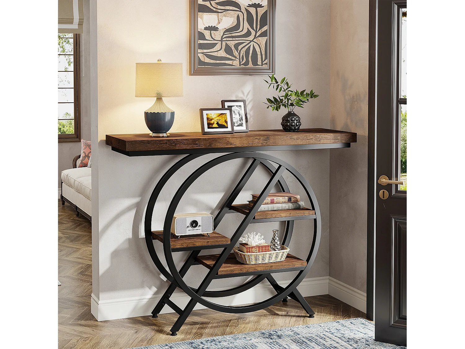 Table Console, 100 cm Table d'entrée avec Plateau épais, Industrielle Table de canapé Tables d'appoint, Brun Rustique