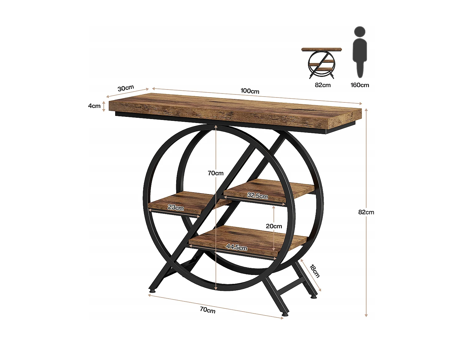 Mesa de Console, Mesa de Entrada de 100 cm com Tampo Espesso, Mesa de Sofá Industrial, Mesas Auxiliares, Marrom Rústico