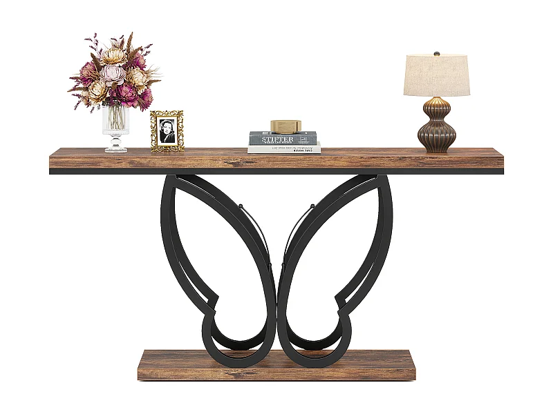 Stolik konsolowy 140 cm, stolik do przedpokoju z metalową ramą w kształcie motyla, stoliki boczne do sofy, długie i wąskie, brązowe i czarne
