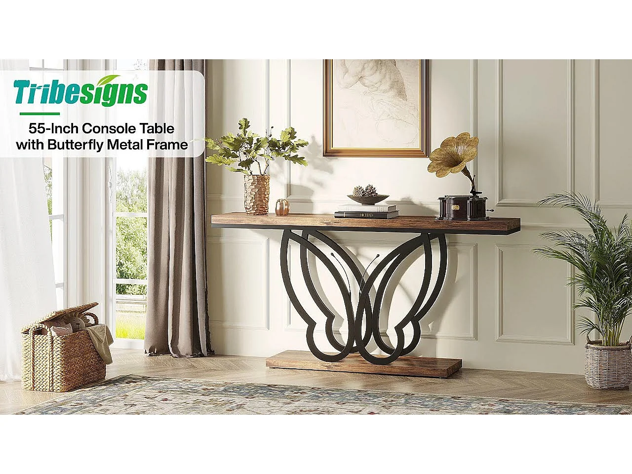 Table Console de 140 cm, Table d'entrée vec Cadre en métal Papillon, Table de canapé Tables d'appoint Longue et étroite, Marron et Noir