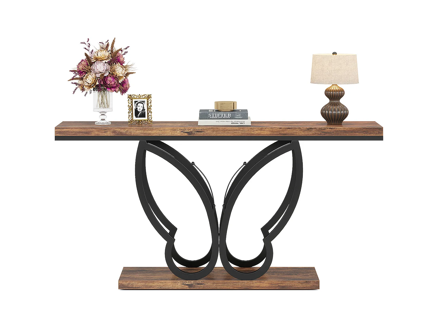 Table Console de 140 cm, Table d'entrée vec Cadre en métal Papillon, Table de canapé Tables d'appoint Longue et étroite, Marron et Noir