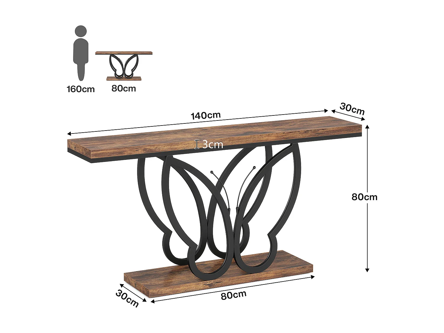 Consoletafel 140 cm, haltafel met vlindervormig metalen frame, salontafel, bijzettafels lang en smal, bruin en zwart