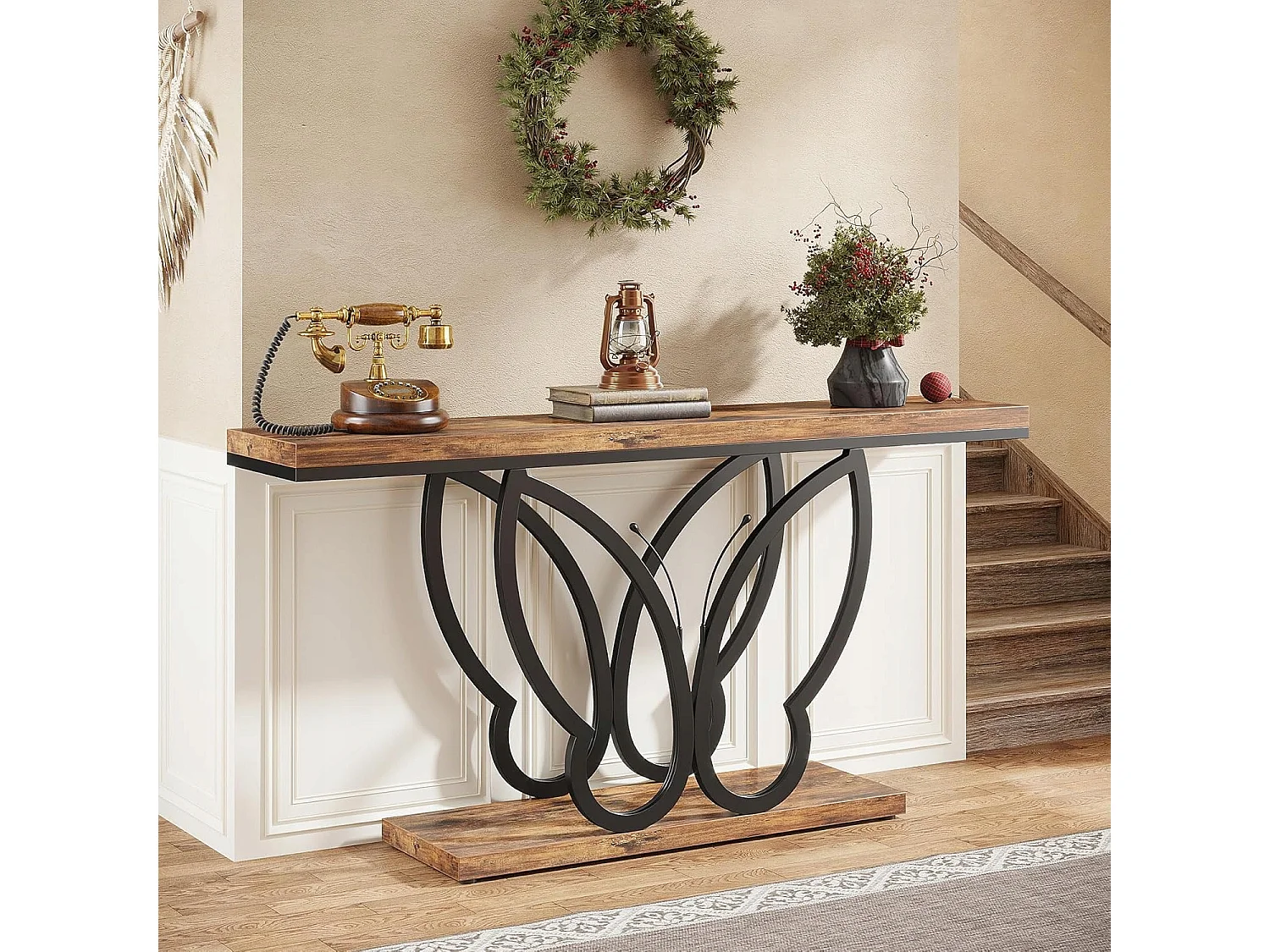 Consoletafel 140 cm, haltafel met vlindervormig metalen frame, salontafel, bijzettafels lang en smal, bruin en zwart