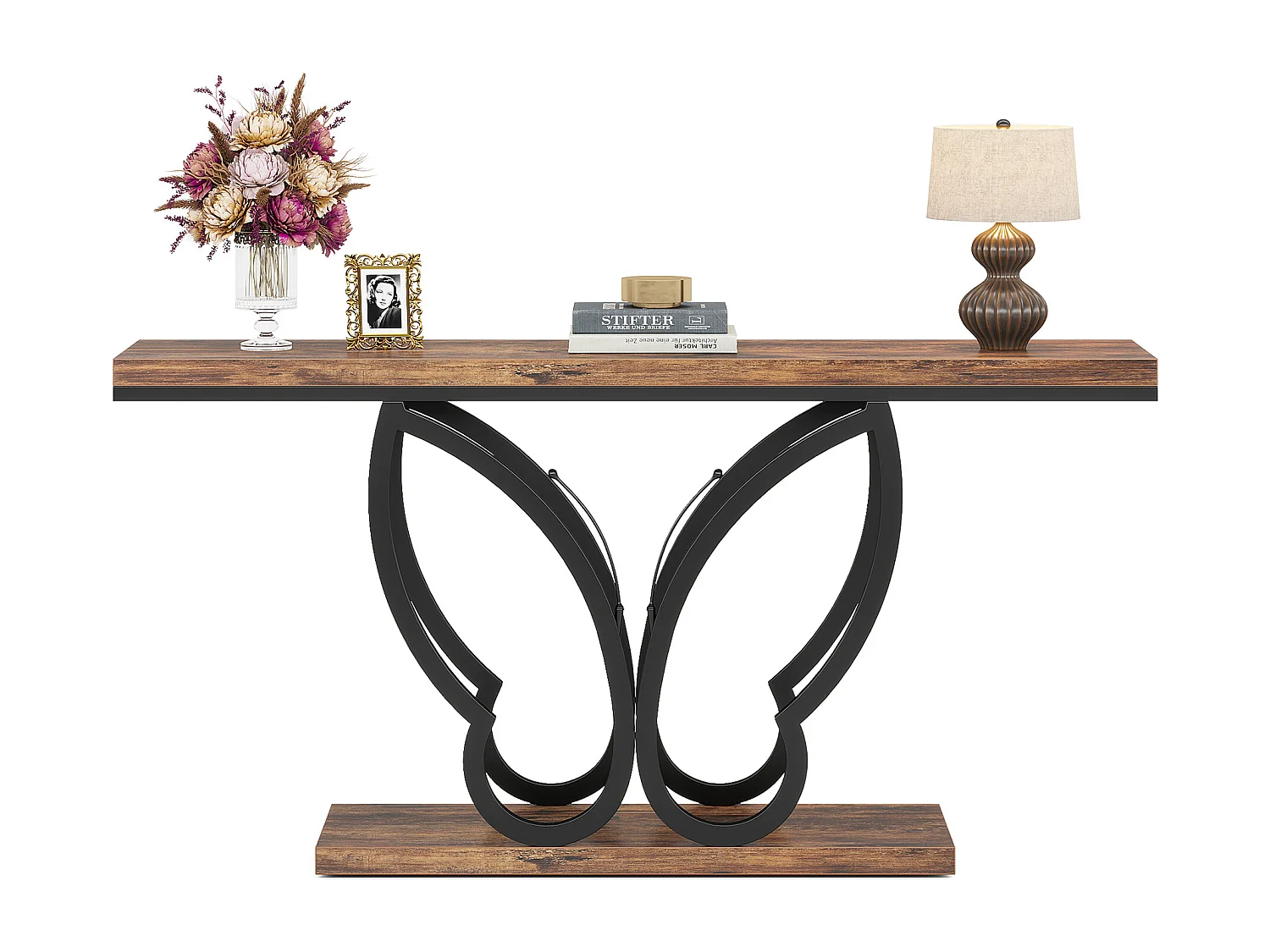 Table Console de 140 cm, Table d'entrée vec Cadre en métal Papillon, Table de canapé Tables d'appoint Longue et étroite, Marron et Noir