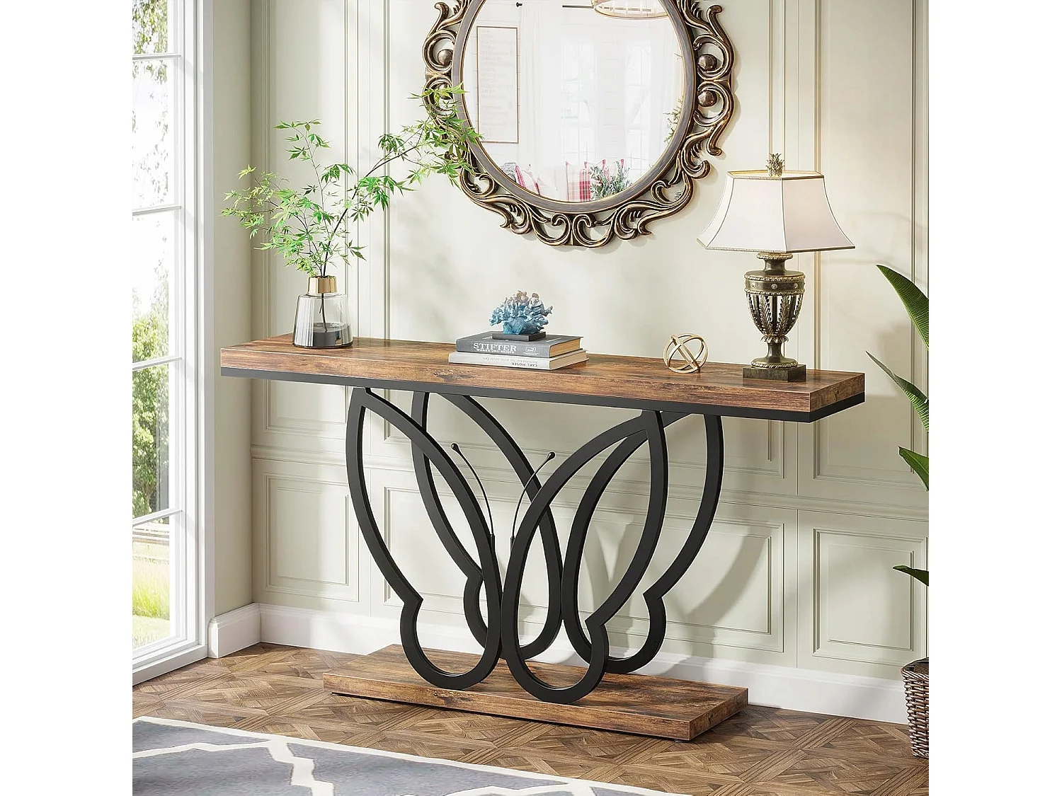 Table Console de 140 cm, Table d'entrée vec Cadre en métal Papillon, Table de canapé Tables d'appoint Longue et étroite, Marron et Noir