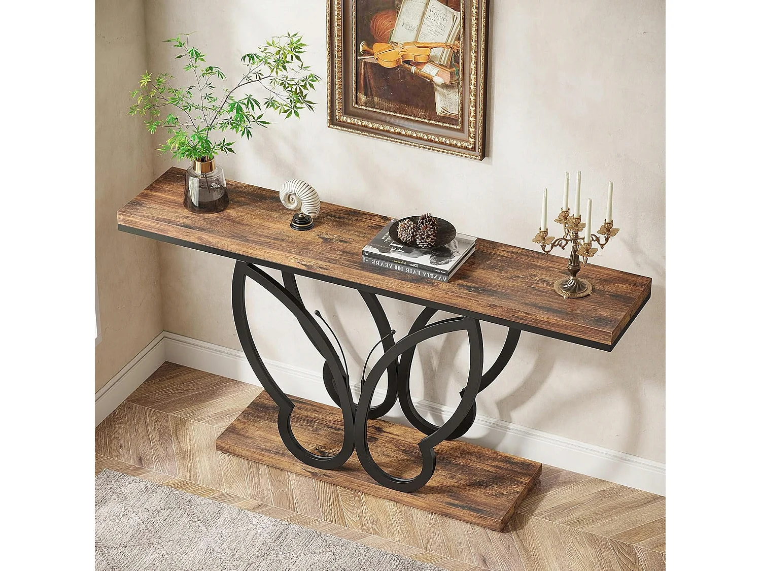 Table Console de 140 cm, Table d'entrée vec Cadre en métal Papillon, Table de canapé Tables d'appoint Longue et étroite, Marron et Noir