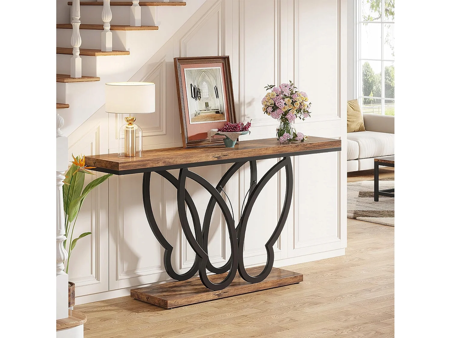 Table Console de 140 cm, Table d'entrée vec Cadre en métal Papillon, Table de canapé Tables d'appoint Longue et étroite, Marron et Noir