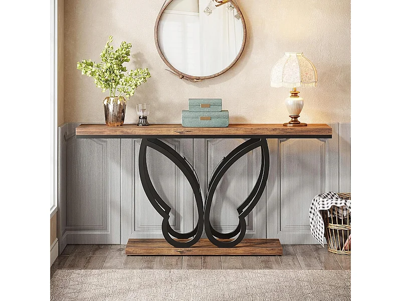 Consoletafel 140 cm, haltafel met vlindervormig metalen frame, salontafel, bijzettafels lang en smal, bruin en zwart