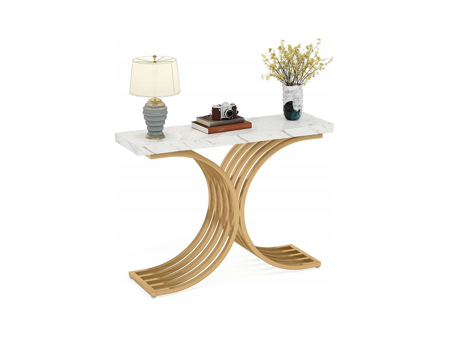 Table console étroite, table d'appoint avec structure en métal doré, 100 x 30 x 80 cm, petite table d'exposition