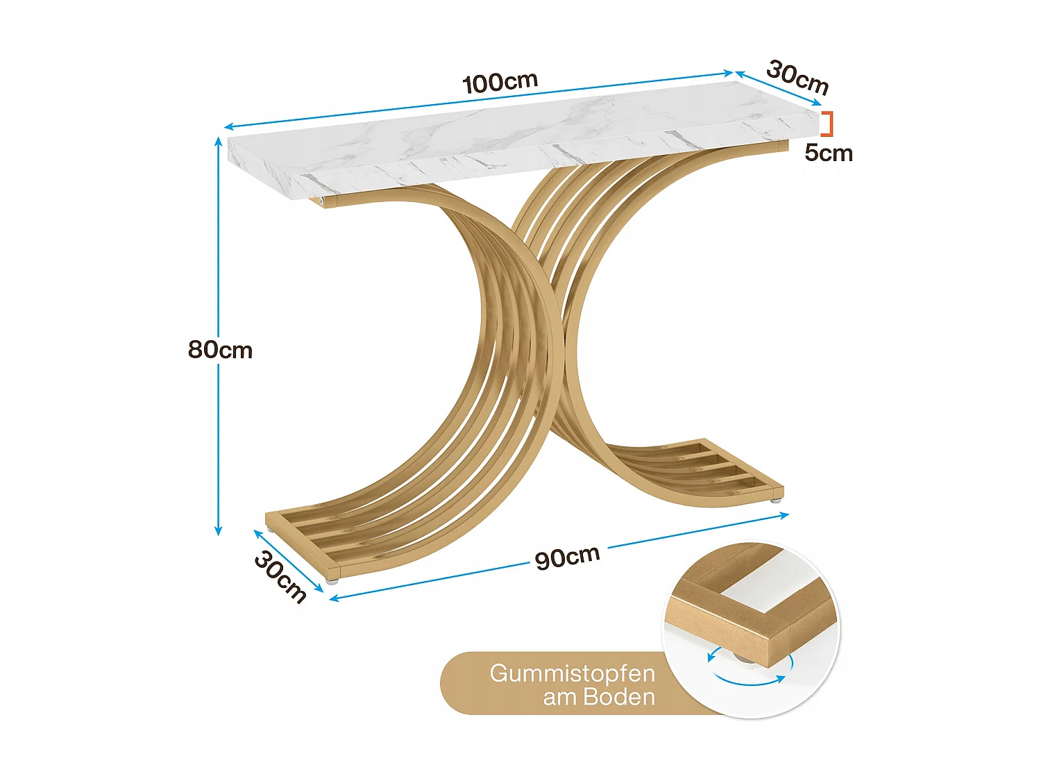 Table console étroite, table d'appoint avec structure en métal doré, 100 x 30 x 80 cm, petite table d'exposition
