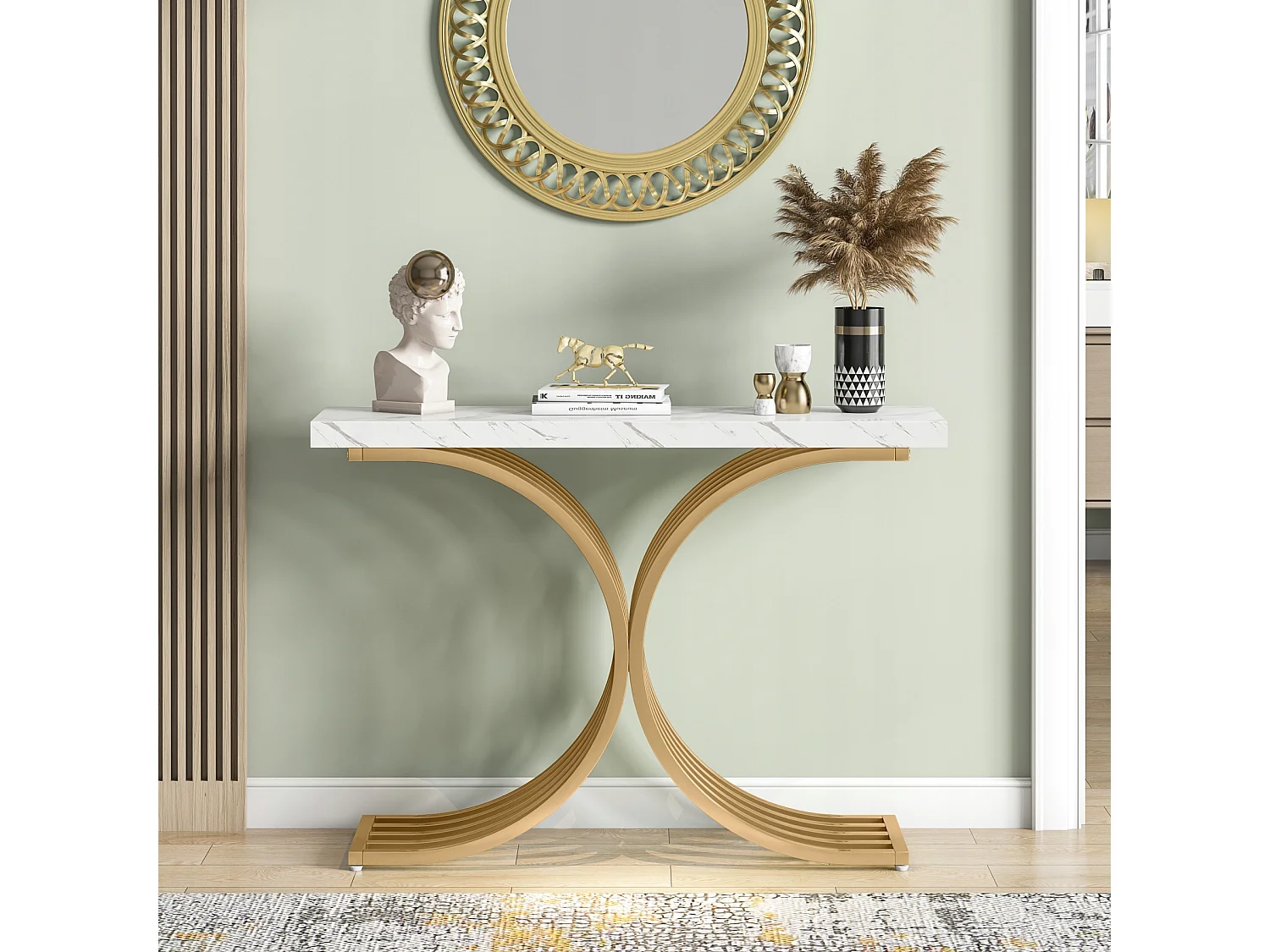 Table console étroite, table d'appoint avec structure en métal doré, 100 x 30 x 80 cm, petite table d'exposition