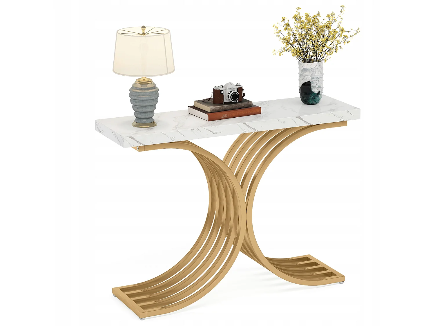 Console estreita para mesa, mesa auxiliar com estrutura em metal dourado, 100 x 30 x 80 cm, pequena mesa de exposição