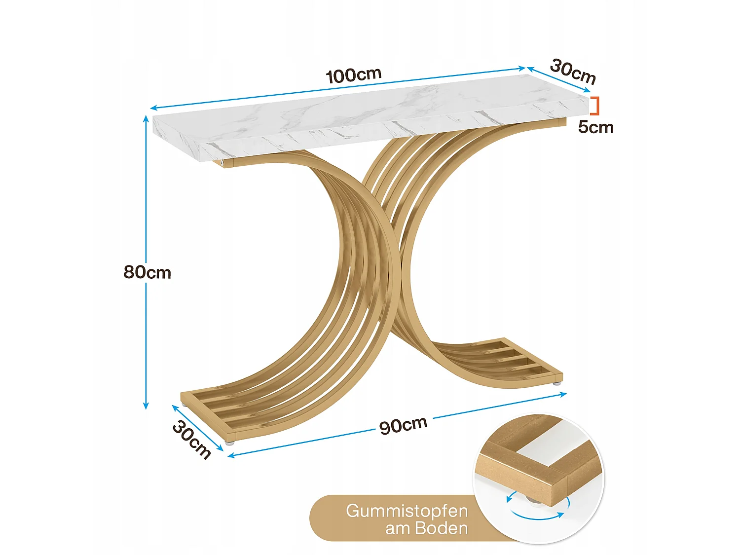 Console estreita para mesa, mesa auxiliar com estrutura em metal dourado, 100 x 30 x 80 cm, pequena mesa de exposição