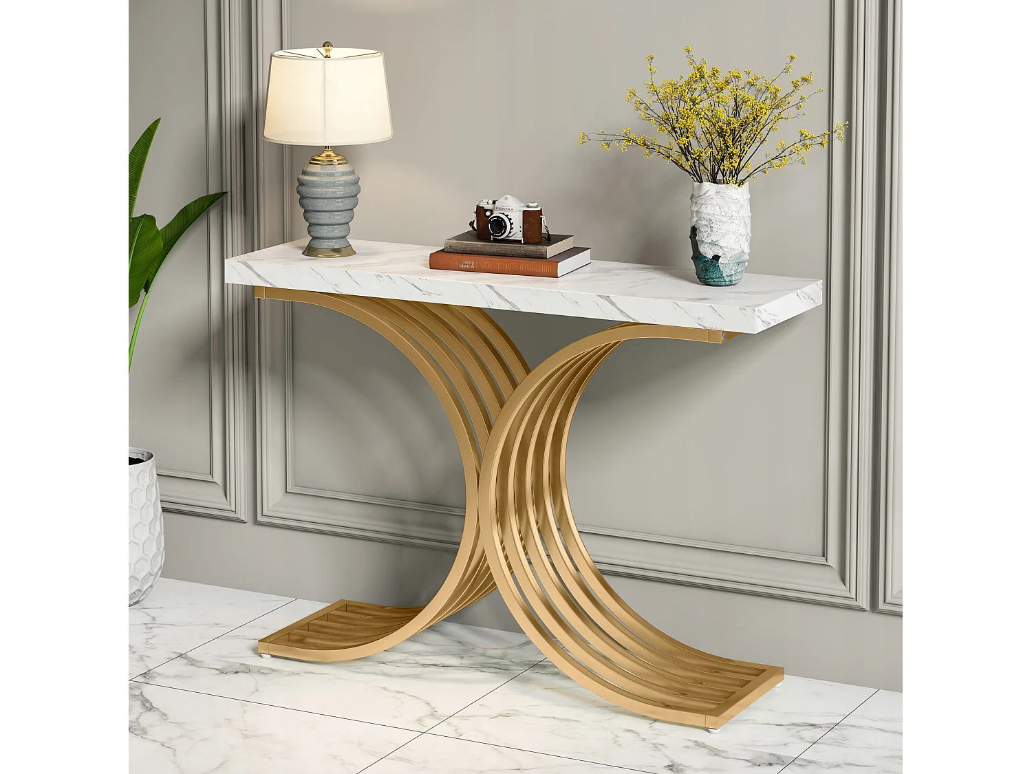 Console estreita para mesa, mesa auxiliar com estrutura em metal dourado, 100 x 30 x 80 cm, pequena mesa de exposição
