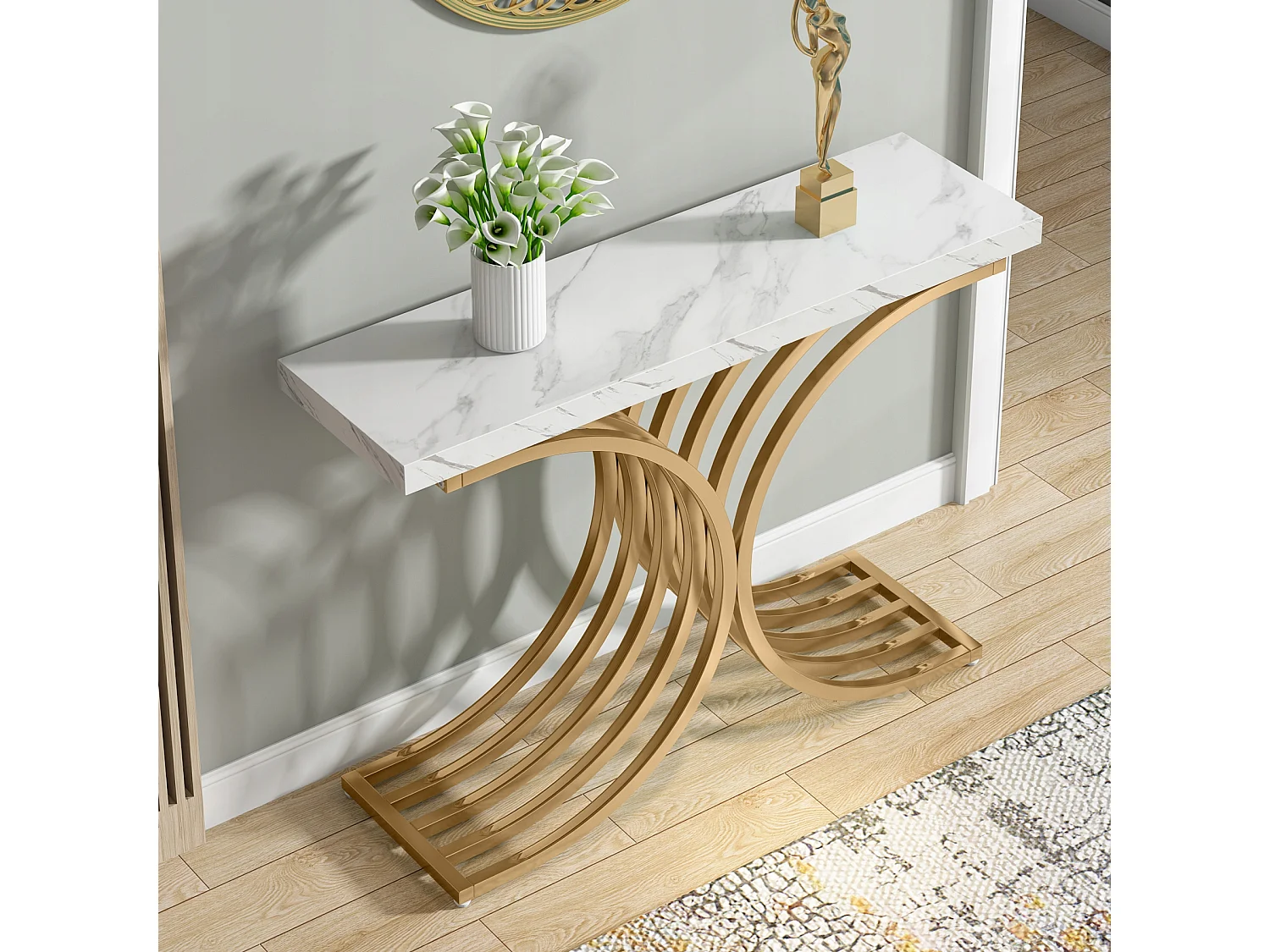 Console estreita para mesa, mesa auxiliar com estrutura em metal dourado, 100 x 30 x 80 cm, pequena mesa de exposição