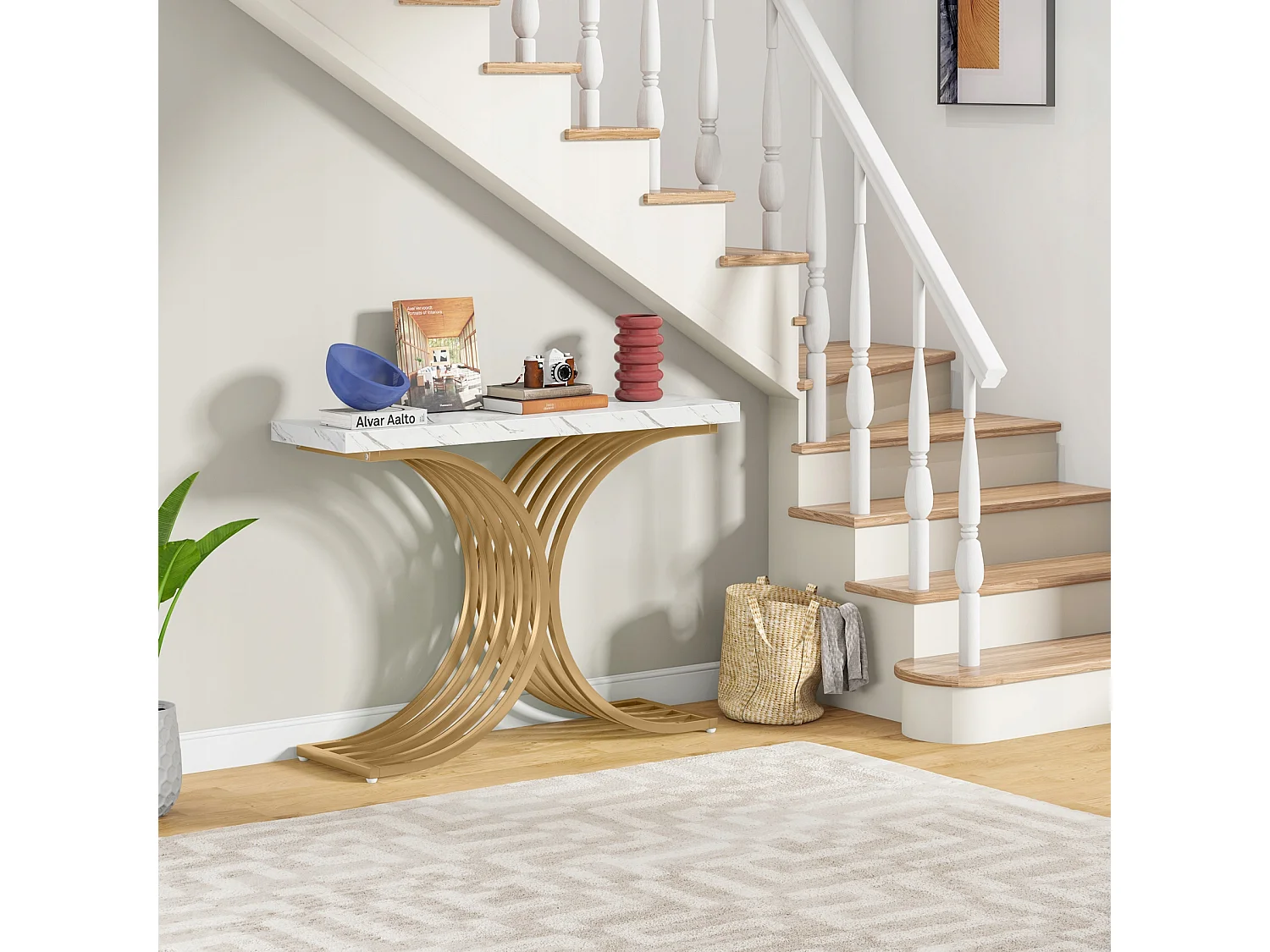 Console estreita para mesa, mesa auxiliar com estrutura em metal dourado, 100 x 30 x 80 cm, pequena mesa de exposição
