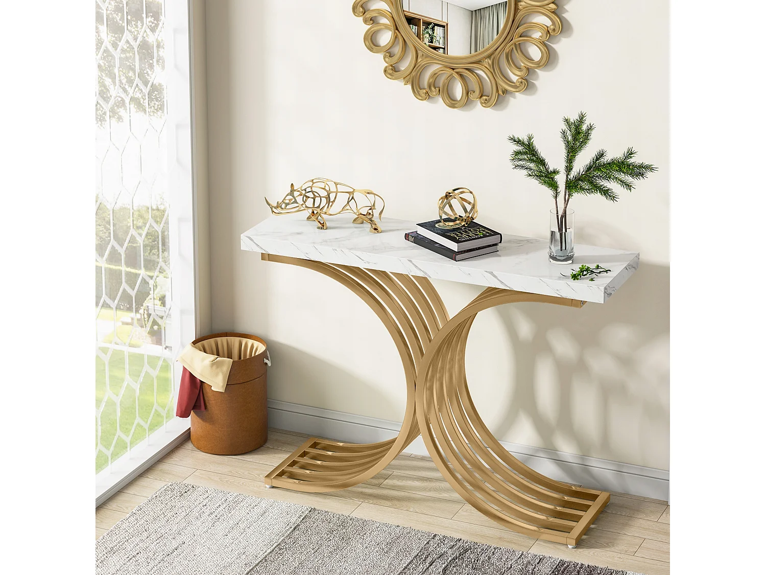 Console estreita para mesa, mesa auxiliar com estrutura em metal dourado, 100 x 30 x 80 cm, pequena mesa de exposição