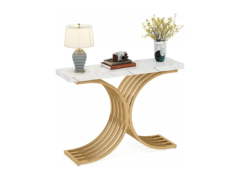 Table console étroite, table d'appoint avec structure en métal doré, 100 x 30 x 80 cm, petite table d'exposition