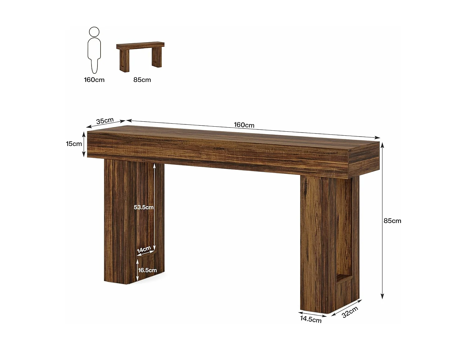 160 cm lange rechthoekige consoletafel, salontafel achter de bank, landelijke tafel voor entree, gang, woonkamer (rustiek bruin)