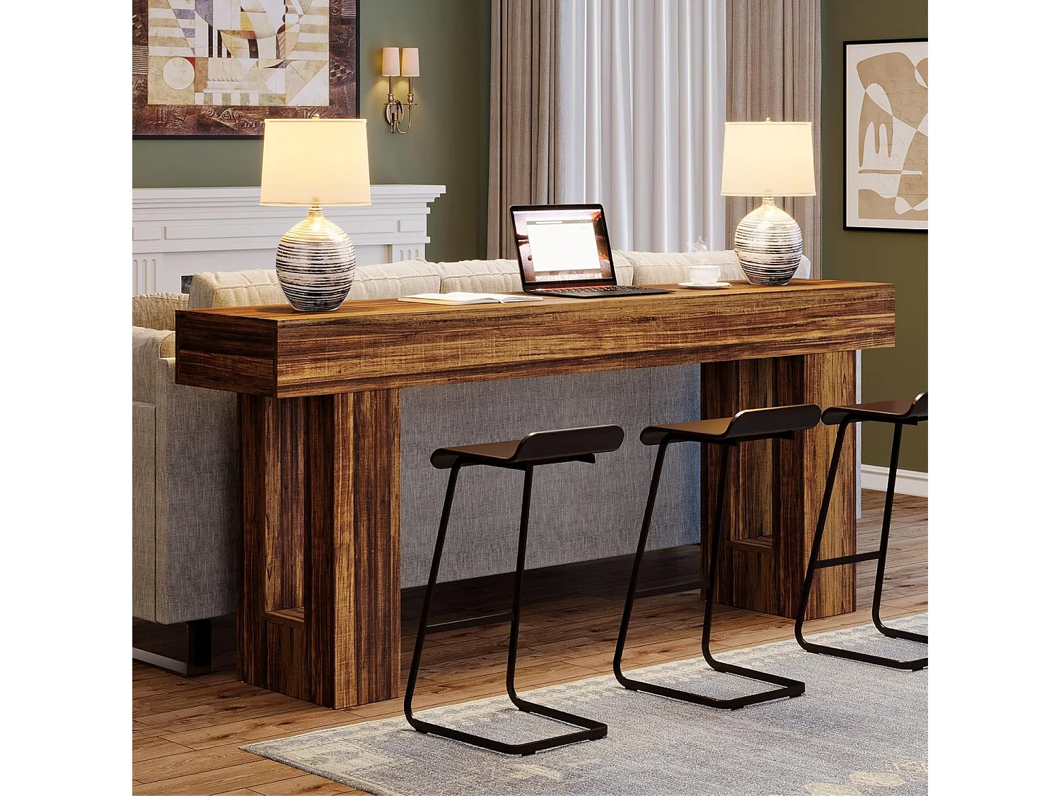 Table console rectangulaire de 160 cm de long, table basse derrière le canapé, table de ferme pour entrée, couloir, salon (marron rustique)