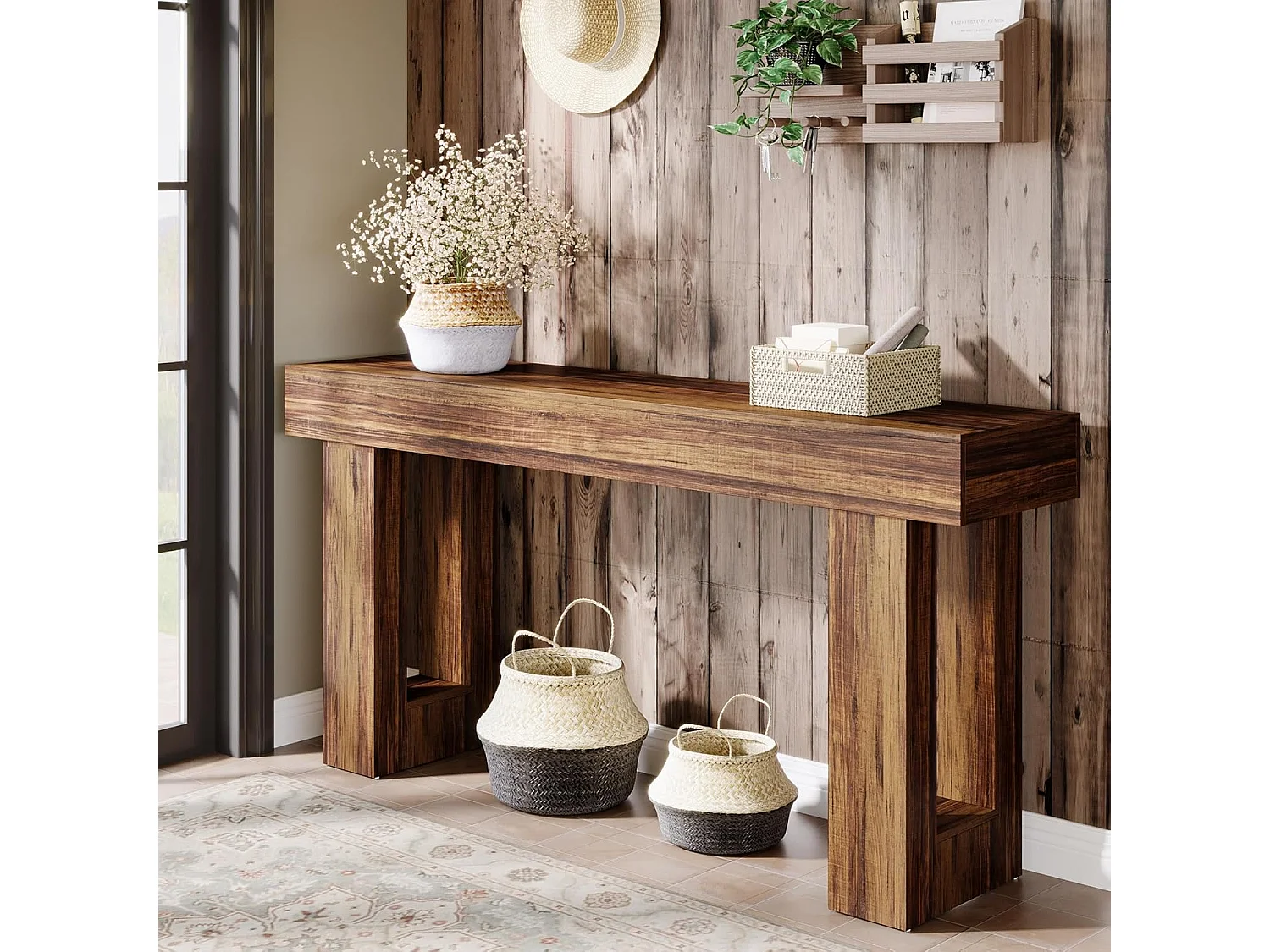 Table console rectangulaire de 160 cm de long, table basse derrière le canapé, table de ferme pour entrée, couloir, salon (marron rustique)