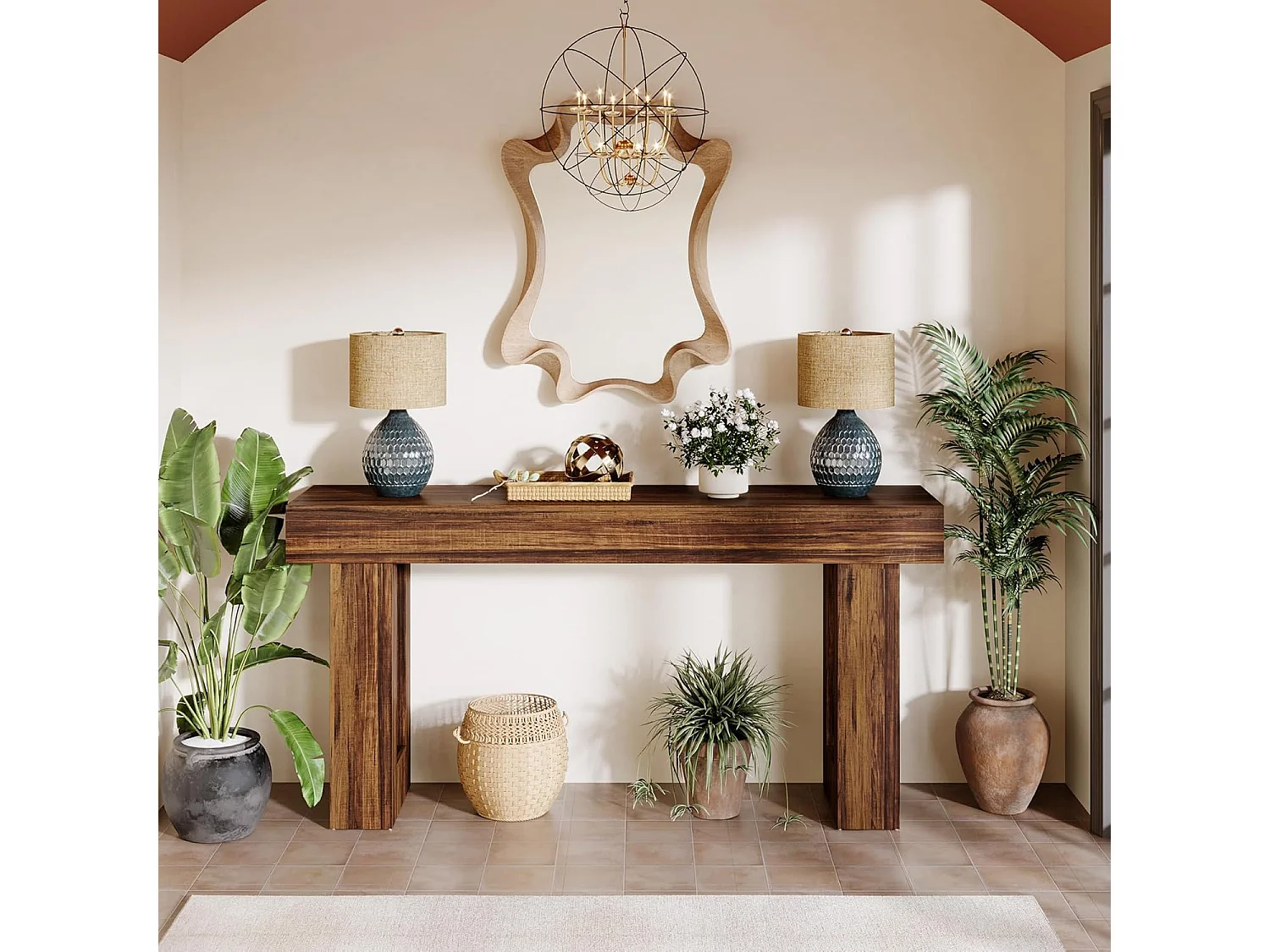 Table console rectangulaire de 160 cm de long, table basse derrière le canapé, table de ferme pour entrée, couloir, salon (marron rustique)