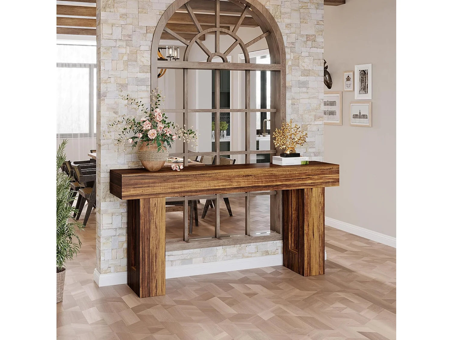 Table console rectangulaire de 160 cm de long, table basse derrière le canapé, table de ferme pour entrée, couloir, salon (marron rustique)