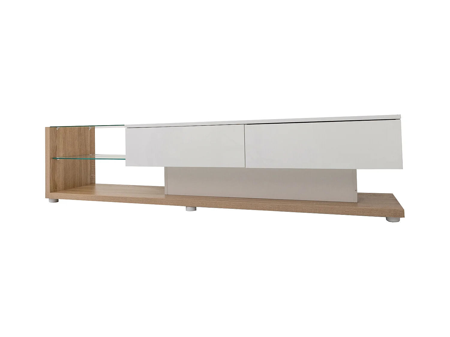 Meubles TV blanc brillant et bois vitrées et éclairage LED variable 170*36*38cm FASLASH