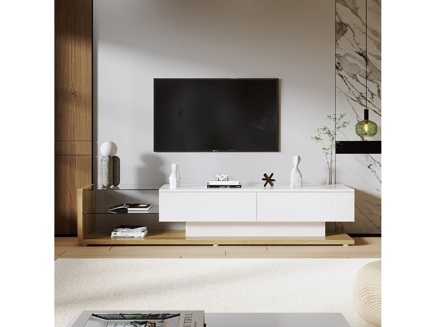 URBAN MEUBLE Meubles TV blanc brillant et bois vitrées et éclairage LED variable 170*36*38cm