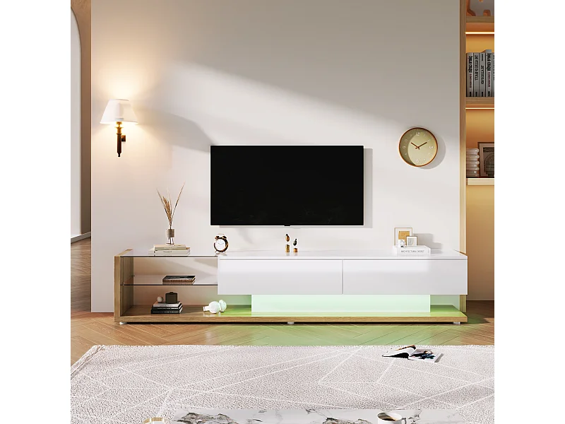 URBAN MEUBLE Meubles TV blanc brillant et bois vitrées et éclairage LED variable 170*36*38cm