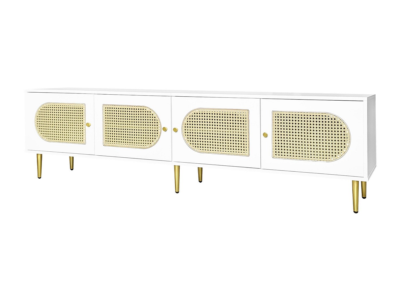 Meuble TV blanc en rotin 4 portes poignées pieds dorés 180x40x50cm