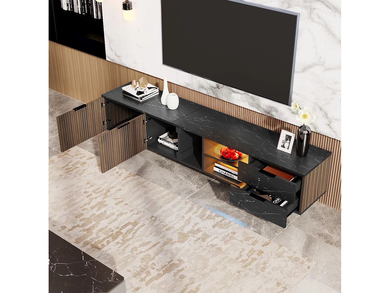 Meuble TV noir effet marbre noir éclairage LED 2 portes et 2 tiroirs VRENKAEN