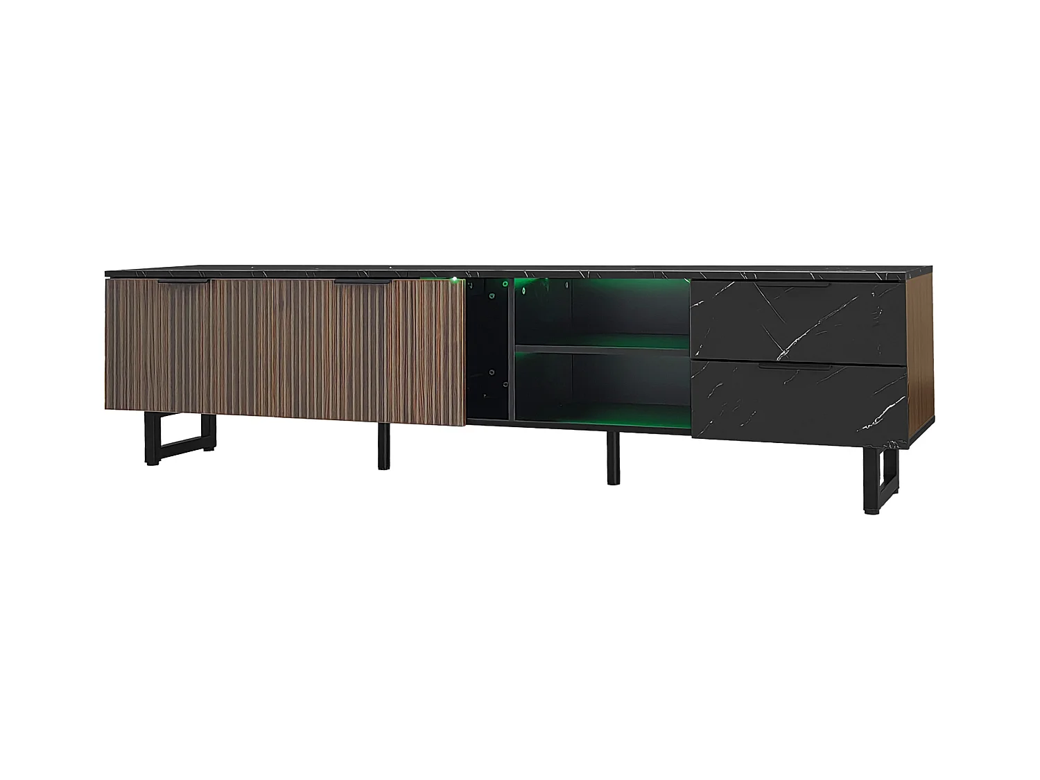 Meuble TV noir effet marbre noir éclairage LED 2 portes et 2 tiroirs VRENKAEN