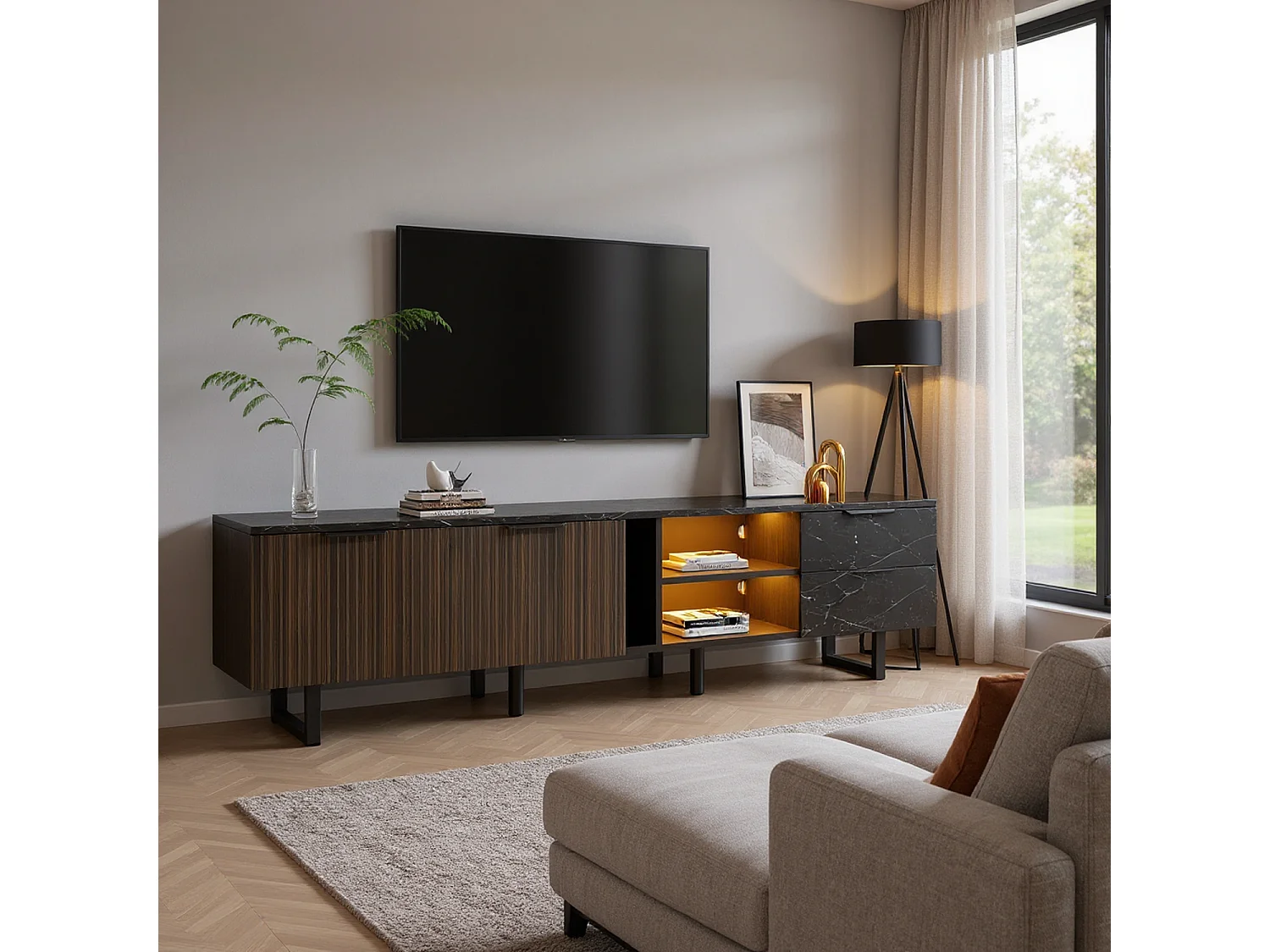 Meuble TV noir effet marbre noir éclairage LED 2 portes et 2 tiroirs VRENKAEN