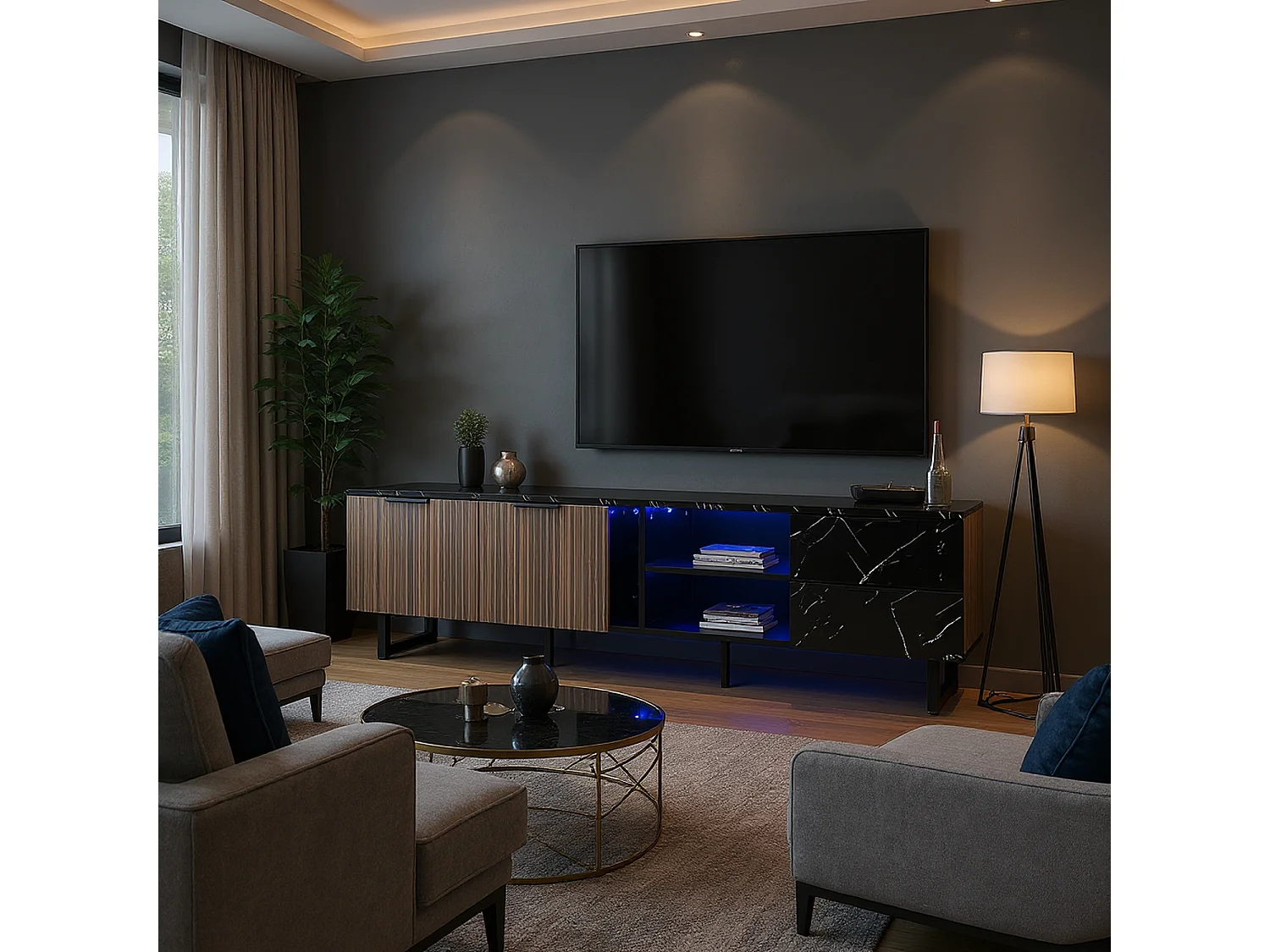 Meuble TV noir effet marbre noir éclairage LED 2 portes et 2 tiroirs VRENKAEN