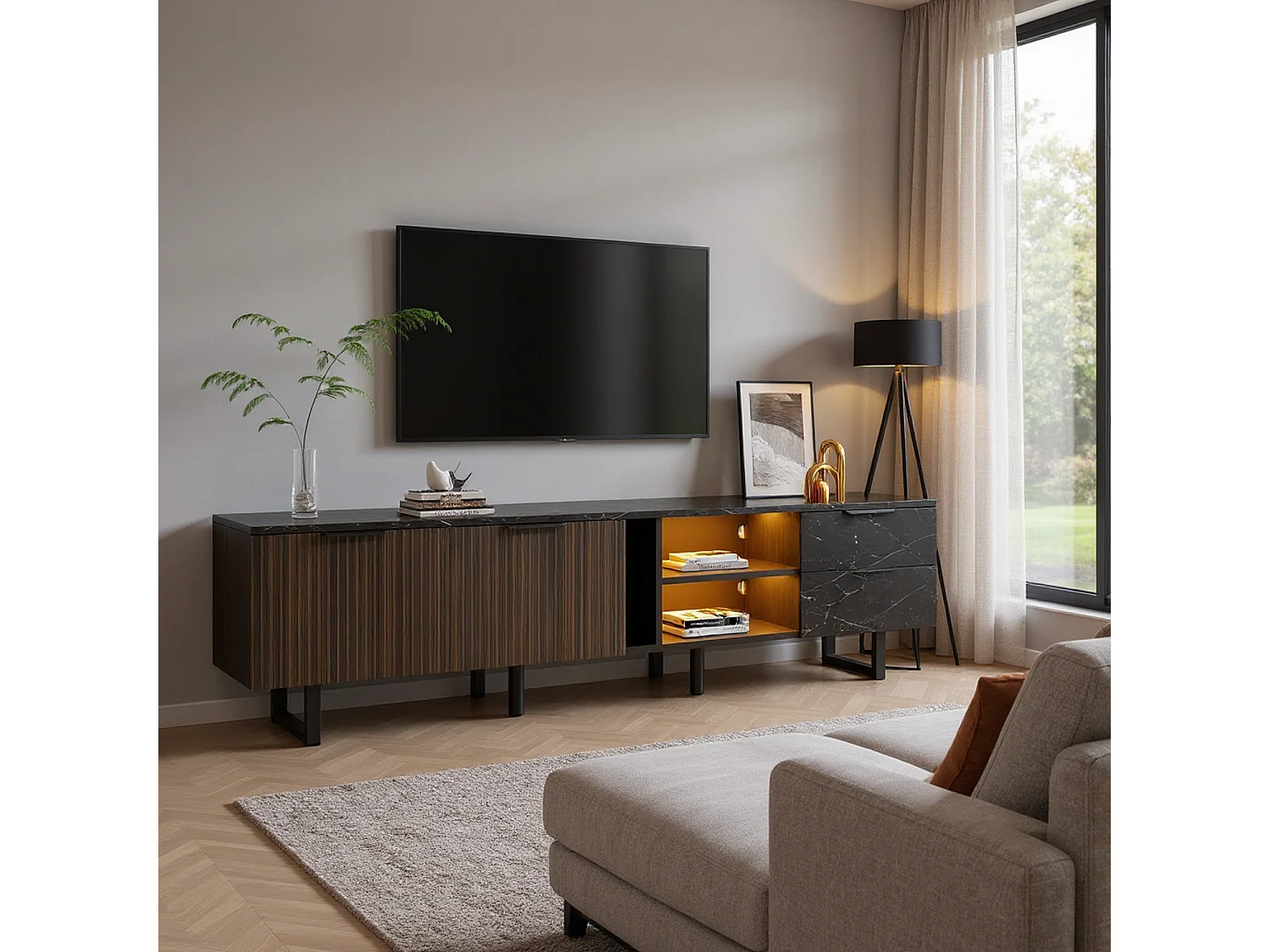 Meuble TV noir effet marbre noir éclairage LED 2 portes et 2 tiroirs VRENKAEN