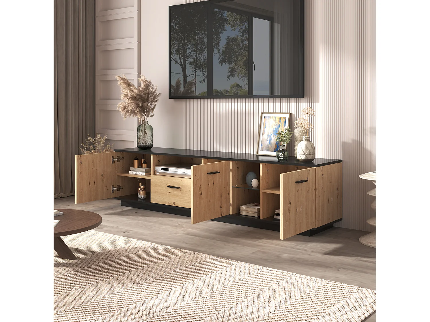 Meuble TV effet bois 1 tiroir 3 portes avec 15 couleurs éclairage LED 180*40*45cm KRELS