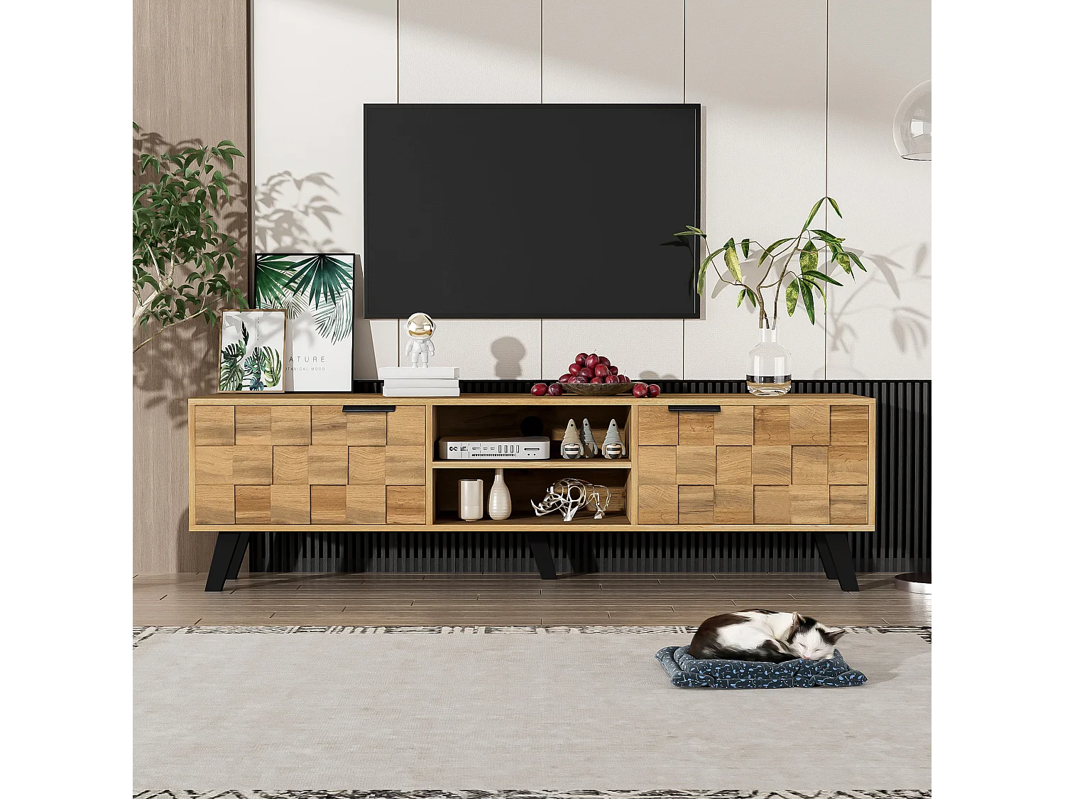 Meuble TV moderne effet bois avec 2 portes et 2 compartiments ouverts 160x35x45cm Dhaasti