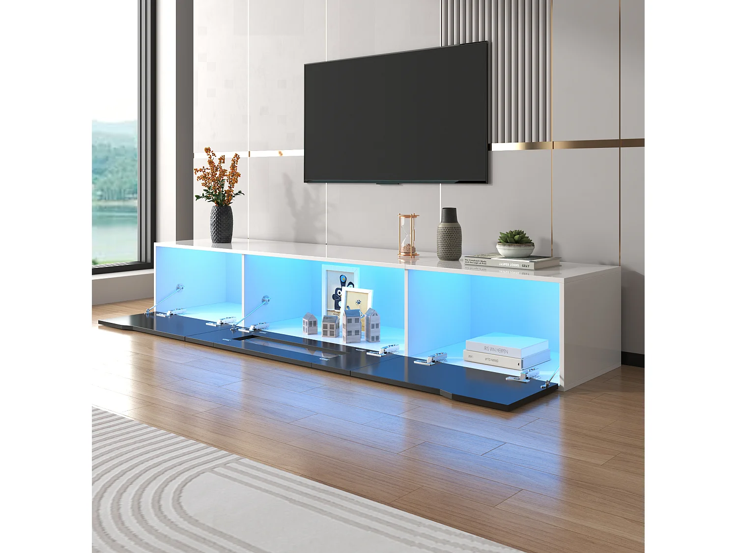Meuble TV haute brillance noir et blanc avec éclairage LED à couleur changeante portes Push-to-Open 180*30 GOKAINS