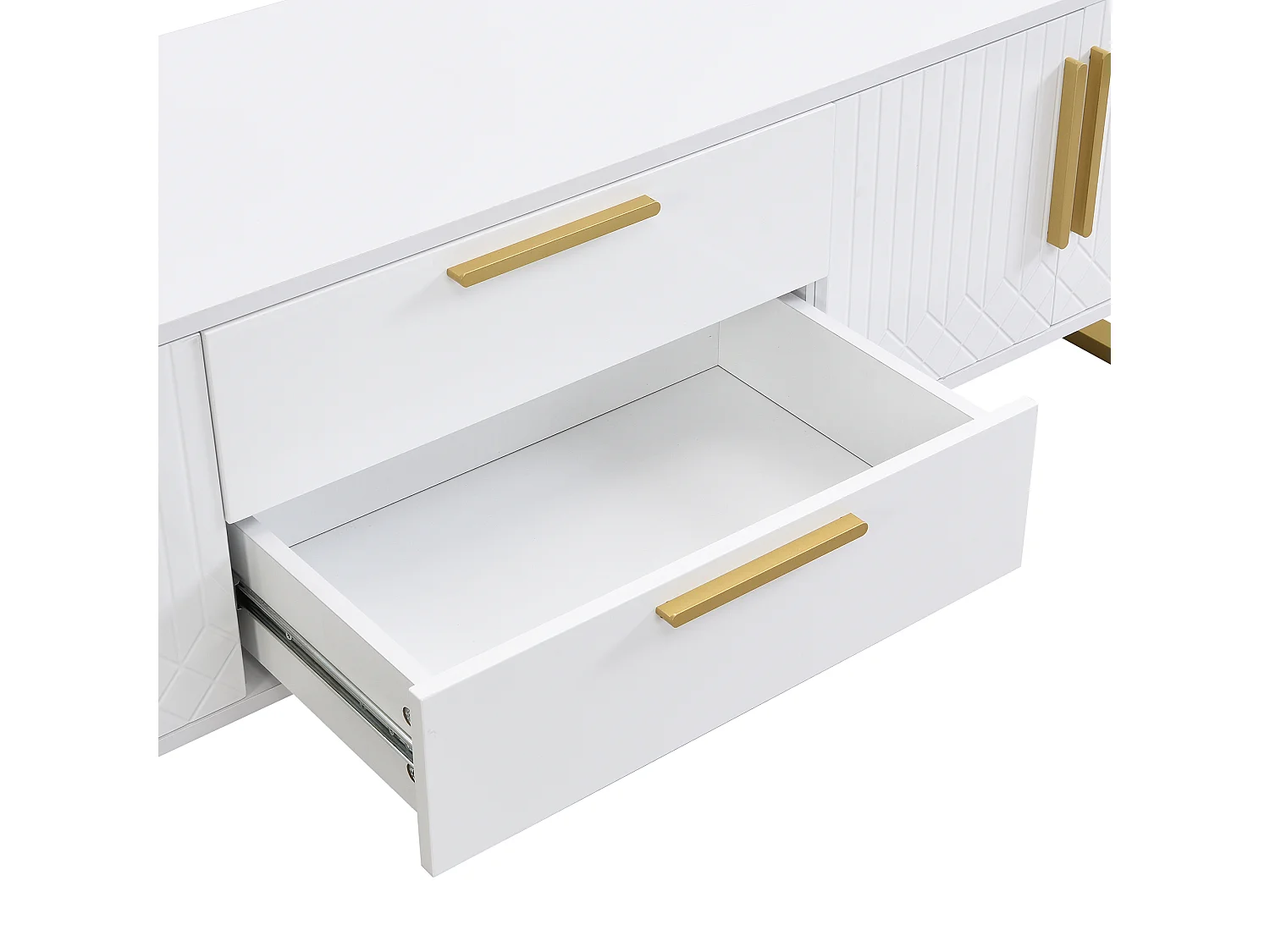 URBAN MEUBLE Meuble TV blanc brillant motif gravé avec poignées et pieds dorées 170*40*53cm