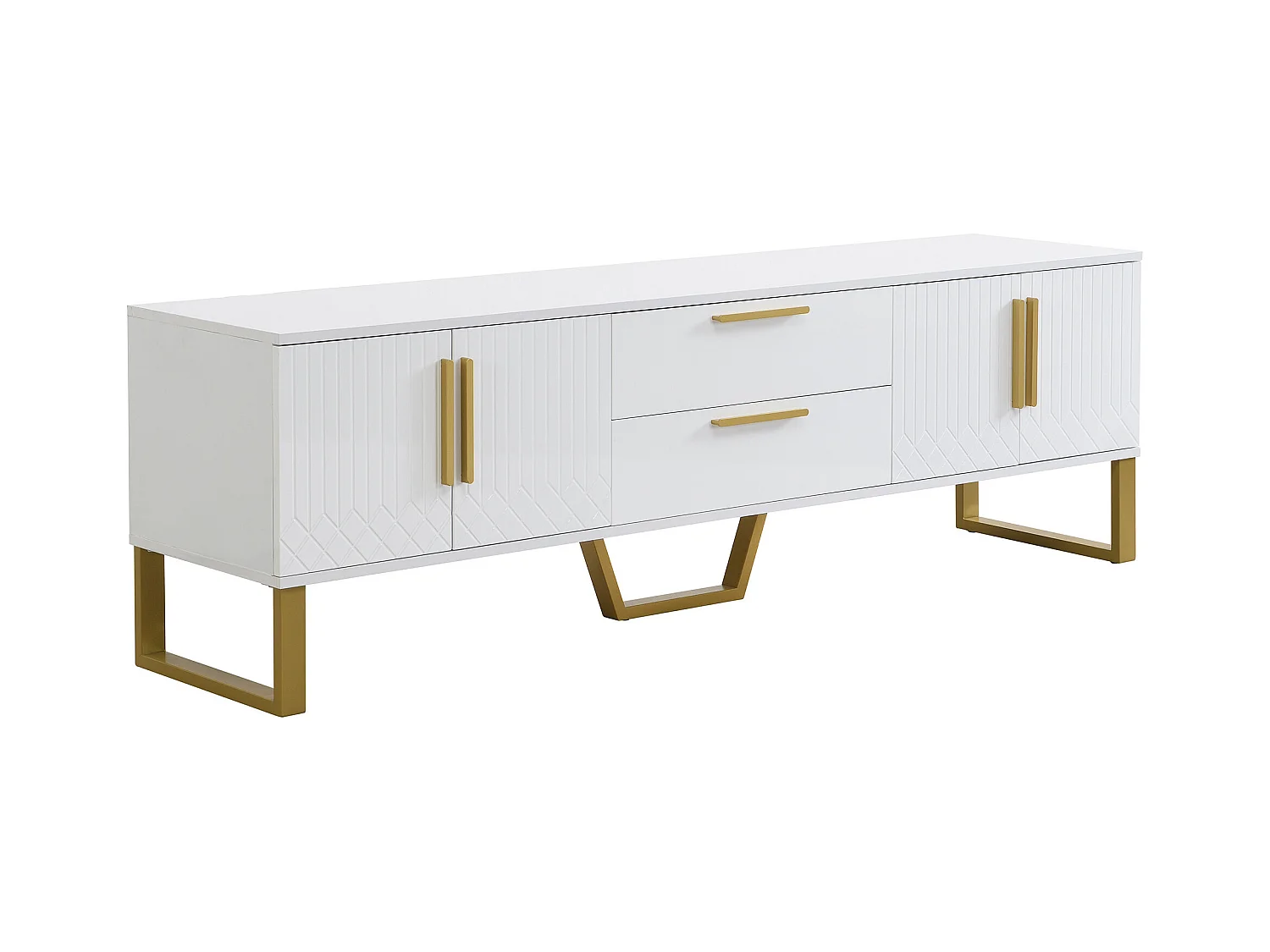 Meuble TV blanc brillant motif gravé avec poignées et pieds dorées 170*40*53cm YAURNUD WHITE