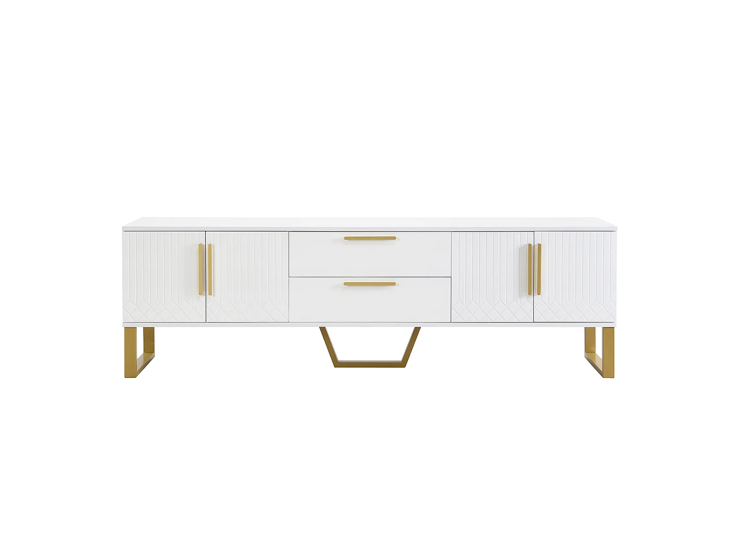 URBAN MEUBLE Meuble TV blanc brillant motif gravé avec poignées et pieds dorées 170*40*53cm