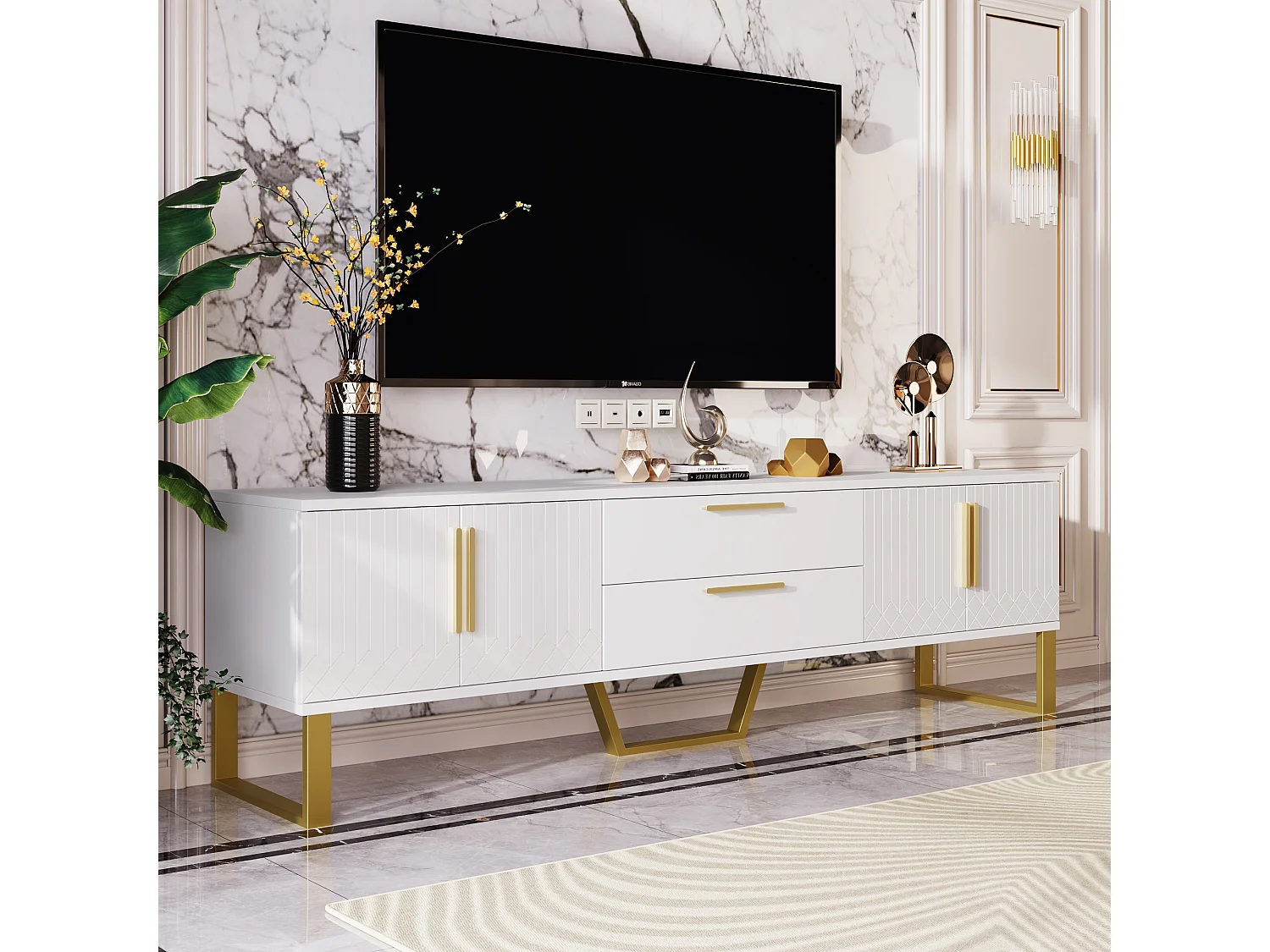 URBAN MEUBLE Meuble TV blanc brillant motif gravé avec poignées et pieds dorées 170*40*53cm