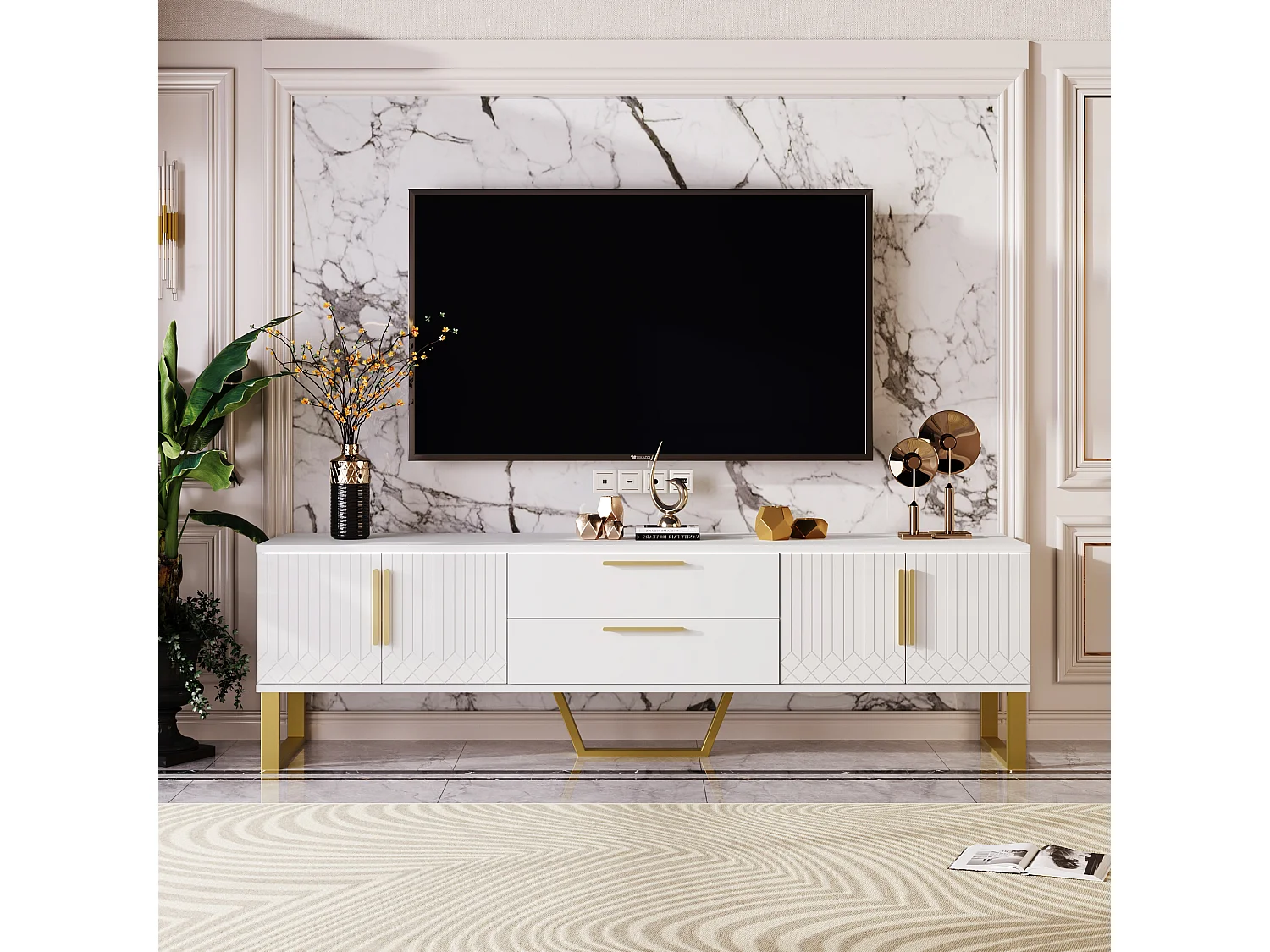 URBAN MEUBLE Meuble TV blanc brillant motif gravé avec poignées et pieds dorées 170*40*53cm