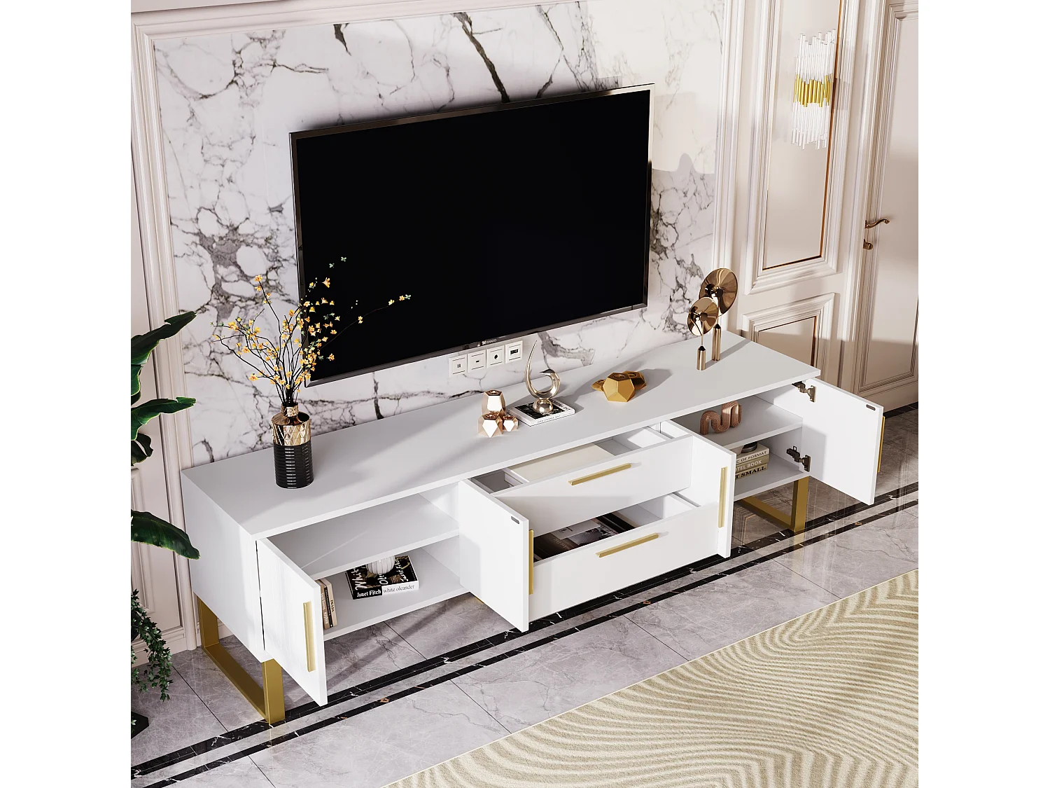 URBAN MEUBLE Meuble TV blanc brillant motif gravé avec poignées et pieds dorées 170*40*53cm