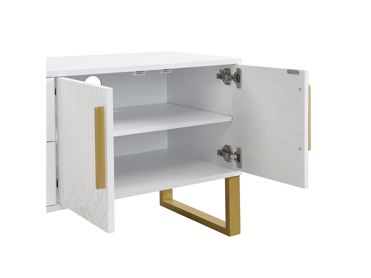 URBAN MEUBLE Meuble TV blanc brillant motif gravé avec poignées et pieds dorées 170*40*53cm