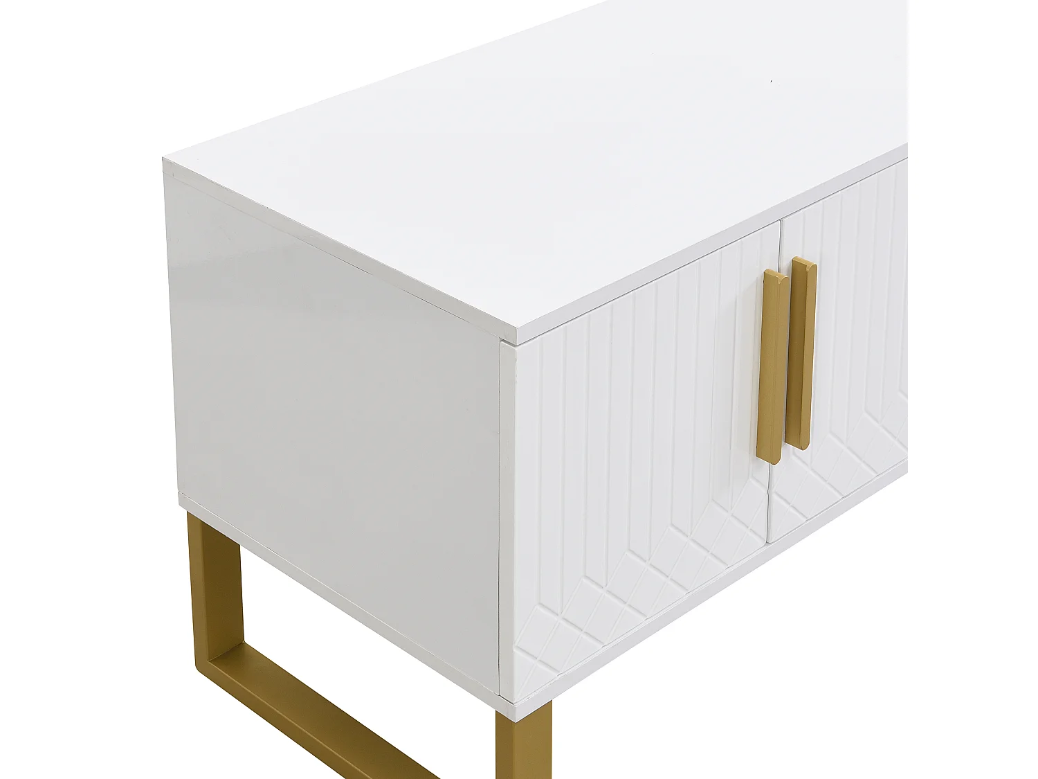 URBAN MEUBLE Meuble TV blanc brillant motif gravé avec poignées et pieds dorées 170*40*53cm