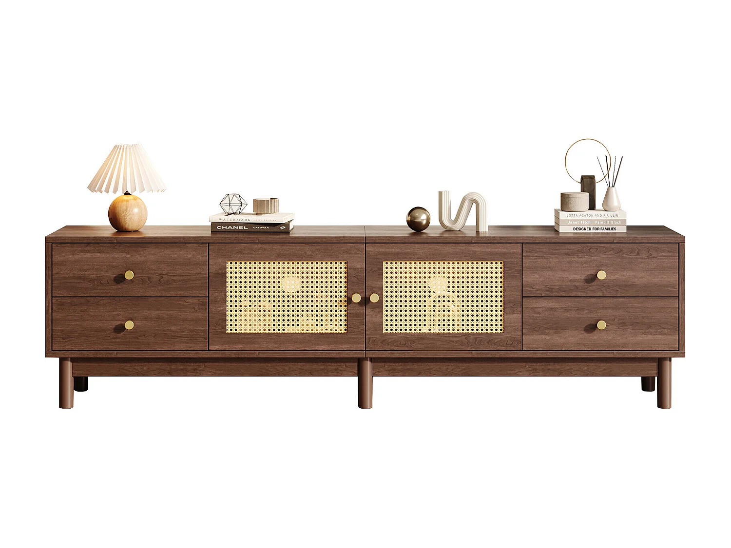 Meuble TV style vintage effet bois noyer avec 2 portes en rotin, 4 tiroirs 180*35*44cm KUQON