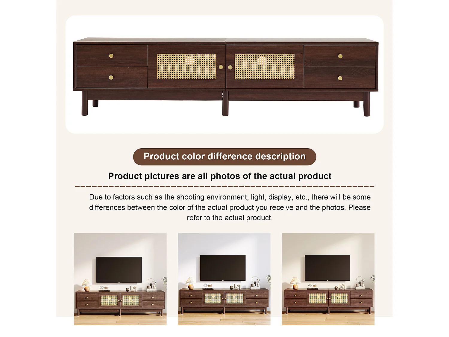 Meuble TV style vintage effet bois noyer avec 2 portes en rotin, 4 tiroirs 180*35*44cm KUQON