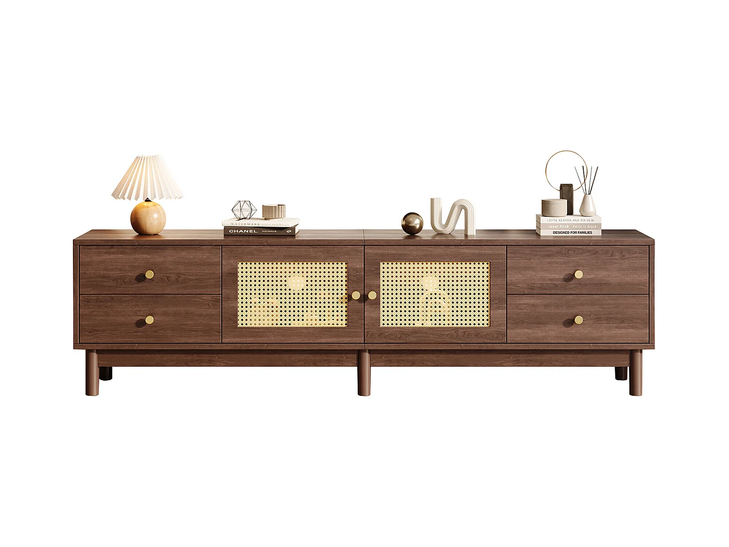 Meuble TV style vintage effet bois noyer avec 2 portes en rotin, 4 tiroirs 180*35*44cm KUQON